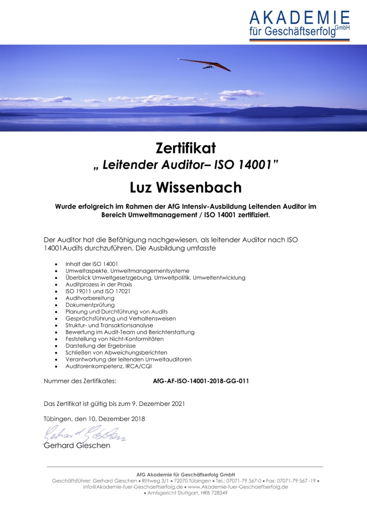 Zertifikat Ausbildung 14001 Luz Wissenbach