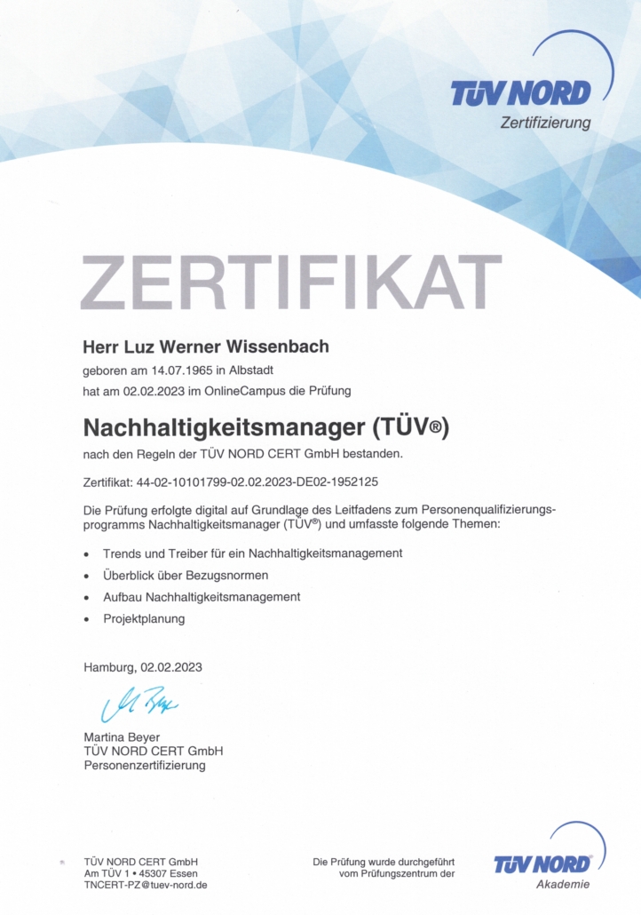 Zertifkat TÜV Nord - Nachhaltigkeitsmanager